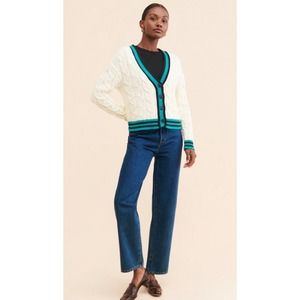 Maeve Varsity Cable-Knit Cotton Cardigan Sweater. Cream, Teal, Navy Chunky Small